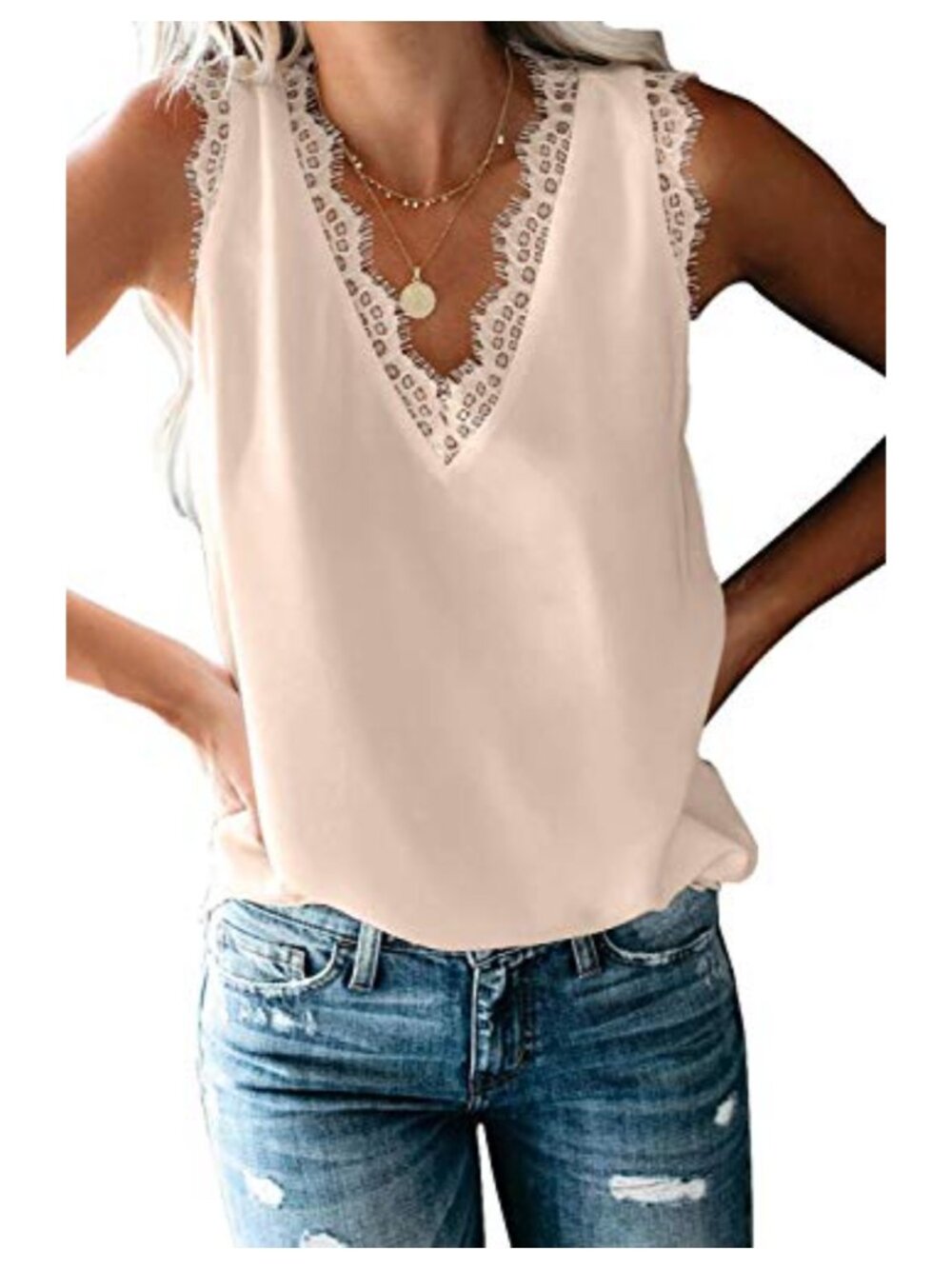 Silk Satin Cami Tank Top with Lace Trim V-Neck Sleeveless Blouse